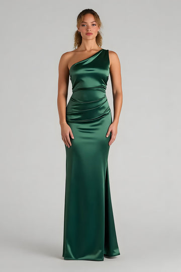 Dark Green One Shoulder Sheath Satin Bridesmaid Dress